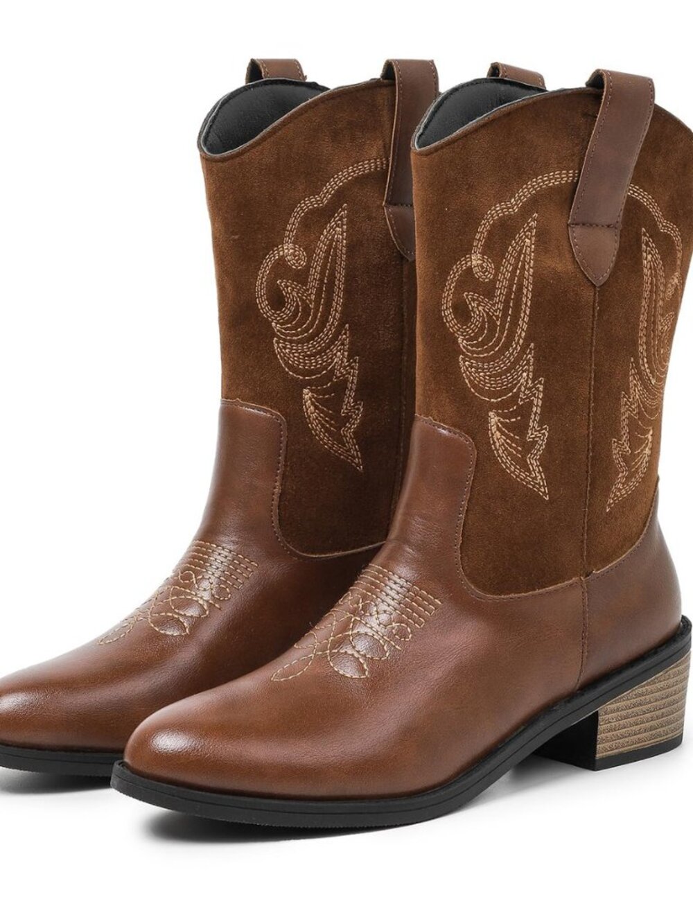 Womens Cowboy Boots Embroidered Mid Calf Western Chunky Heel Snip Toe Cowgirl